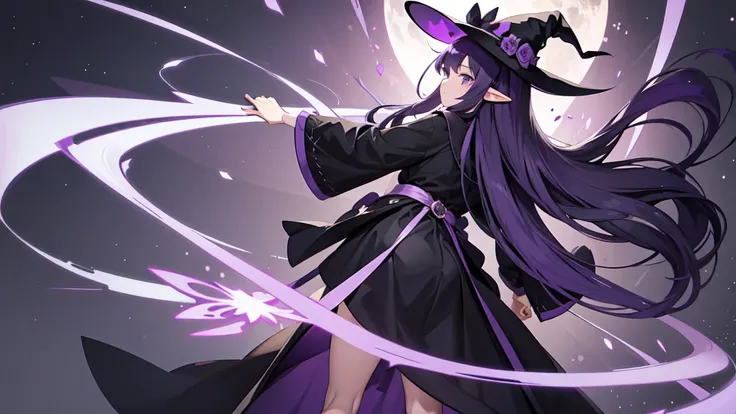 Anime girl with long purple hair and black robe. Witch hat. Pointy ears. Cute as a cartoon. Back view. Full body facing backwards. Her whole body is visible from her head to her feet. Skirt is short.