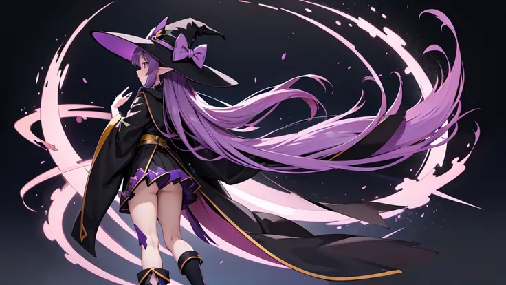 Anime girl with long purple hair and black robe. Witch hat. Pointy ears. Cute as a cartoon. Back view. Full body facing backwards. Her whole body is visible from her head to her feet. Skirt is short.