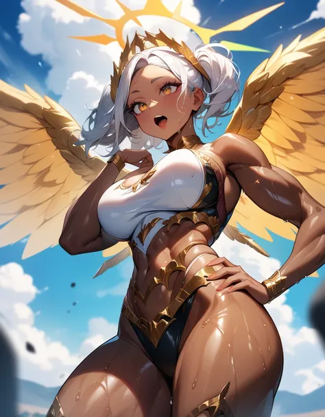 1girls,solo,super detailed skin,shiny skin,wet oily skin,natural face,majestic wings, majestic halo,(angelic skin:1.1),deep detailed eyes,eyelashes,lips gloss,open mouth,large breasts,(abs:0.6),vibrant colors,point at afar ,hand on hip,cloud focus,masterpi...