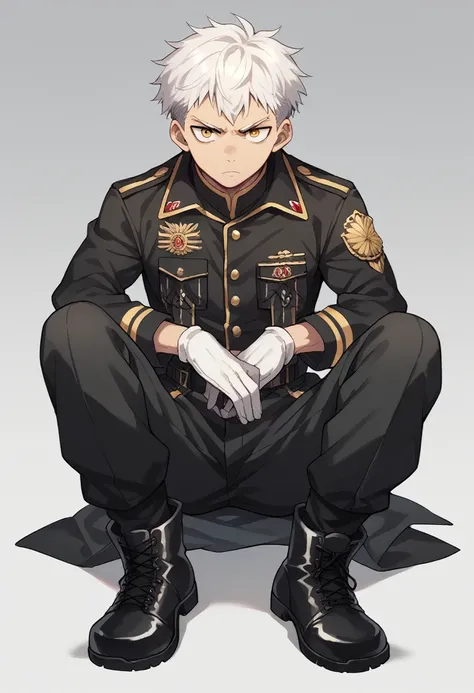 Young boy with short white hair, the eyes are yellow iris, wearing a black military suit with a white shirt inside and a black tie, on his hands there are white gloves, For his feet he wears black military boots., has a serious face