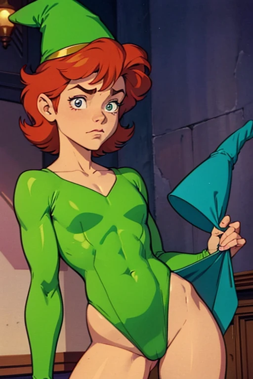 a redhead cartoon character dressed in a green leotard, very muscular, a 14 year old male wizard, 1980s cartoon, animated episode still, Presto (((mad))), ((Wears a wizard hat on his head))