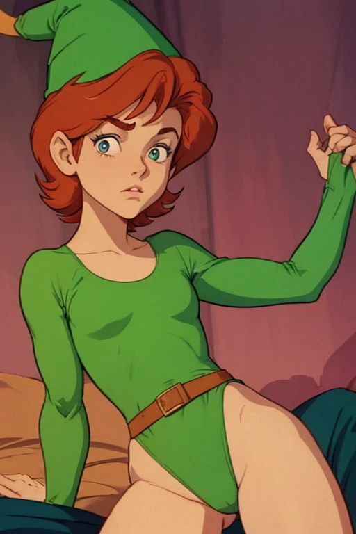 a redhead cartoon character dressed in a green leotard, very muscular, a 14 year old male wizard, 1980s cartoon, animated episode still, Presto (((mad))), ((Wears a wizard hat on his head))