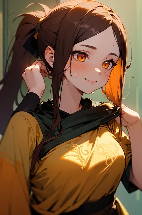 (masterpiece, best quality), intricate details, 1girl, nemona , long hair, orange eyes, ponytail adjusting hair, smiling, sweating,
