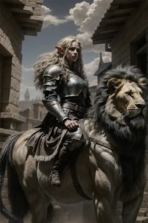 Masterpiece, Best quality, Ultra-detailed, illustration, epic lighting, Cinematic composition. fantasy, a elf paladin girl riding large long mane lion. oil painting