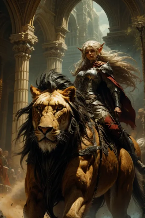 Masterpiece, Best quality, Ultra-detailed, illustration, epic lighting, Cinematic composition. fantasy, a elf paladin girl riding large long mane lion. oil painting