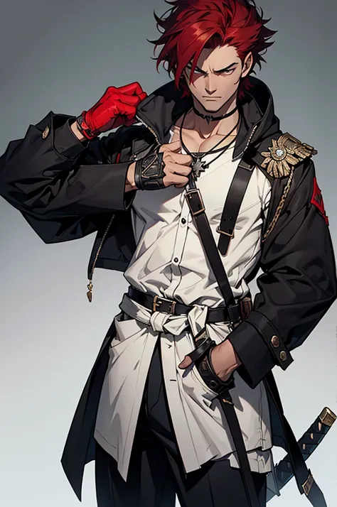 The male character has short, dark red hair styled in a slightly messy yet deliberate manner. His eyes are a striking amber, exuding a sense of confidence and determination. He has a stern and focused expression. He wears a black, high-collared coat with s...