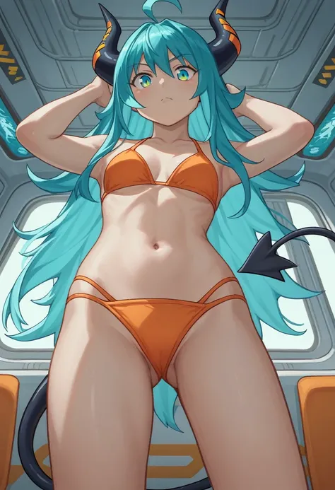 score_9, score_8_up, score_7_up,1 daemon woman, black  horns,1 black demon tail, (aquamarine hair),aquamarine green color hair,ahoge, long hair, (long hair),bangs, light orange bikini, bikini is orange, bikini orange, orange bikini!, (aquamarine eyes), bac...