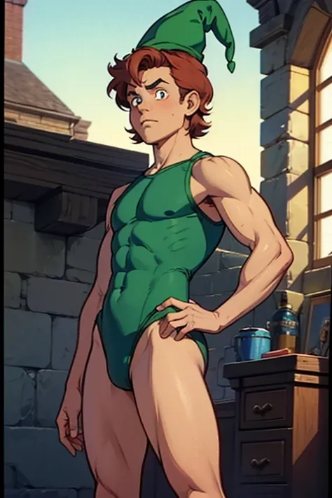 a redhead cartoon character dressed in a green leotard, very muscular, a 14 year old male wizard, 1980s cartoon, animated episode still, Presto (((mad))), ((Wears a wizard hat on his head))