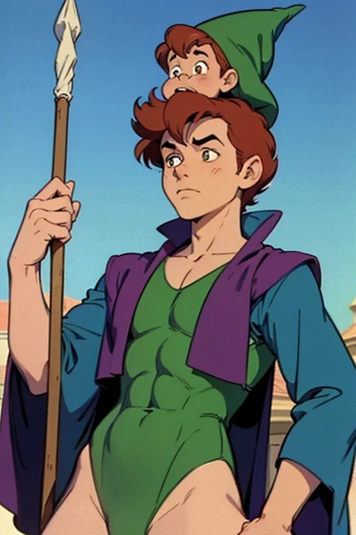 a redhead cartoon character dressed in a green leotard, very muscular, a 14 year old male wizard, 1980s cartoon, animated episode still, Presto (((mad))), ((Wears a wizard hat on his head))