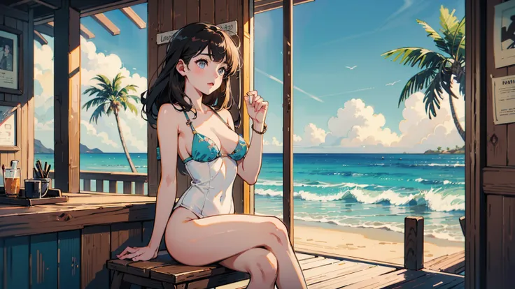 masterpiece、high resolution 8k、NSFW、sharp focus、contrast lighting、A cozy beach bar with a menu board, 1 girl, sitting on wooden stools, and a surfboard on the wall. A doorway leads to a sandy beach with a clear blue sky and a palm tree.