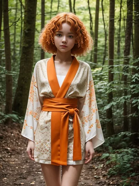 15 year old girl, Lovely, orange hair, Very short, Very curly, slim, flat bust, with freckles on the face, with slavic features, with Kimono, Whole body, shows her legs, In the woods.