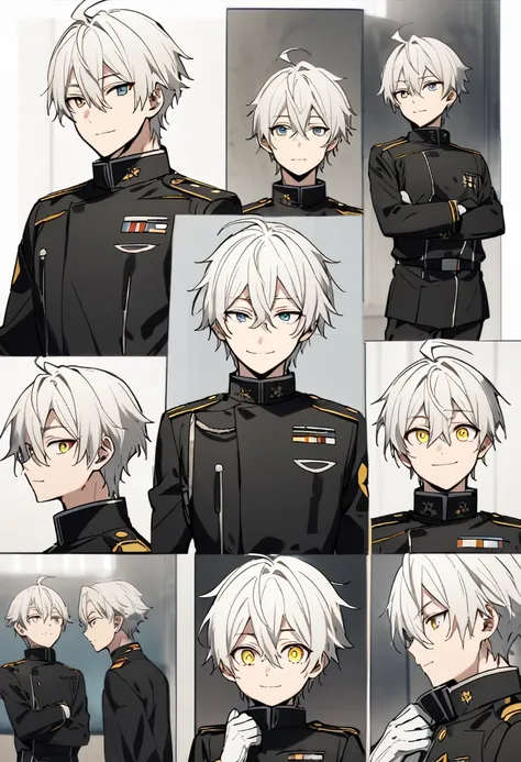 Young white-haired masculine boy, messy and medium long with ahoge, his hair is between his eyes, the eyes are yellow iris, He is wearing a black military suit with a white shirt inside and a black tie., on his hands there are white gloves, For his feet he...