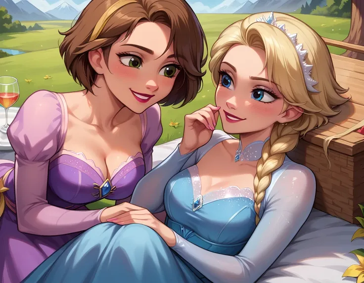 Score_9, score_8_up, score_7_up, rating_safe, source_comic, detailed soft lighting, 2girls, BREAK, Elsa from Frozen, (blonde hair, braid, ice blue dress:1.3), BREAK, Rapunzel from Tangled, (brown hair, short hair, purple dress:1.5), BREAK yuri, girlfriends...