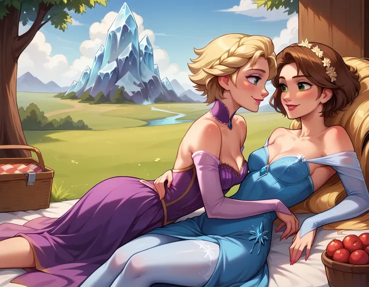 Score_9, score_8_up, score_7_up, rating_safe, source_comic, detailed soft lighting, 2girls, BREAK, Elsa from Frozen, (blonde hair, braid, ice blue dress:1.3), BREAK, Rapunzel from Tangled, (brown hair, short hair, purple dress:1.5), BREAK yuri, girlfriends...