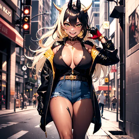 ((best quality)), ((masterpiece)), (detailed), 1girl, one girl, 8k_wallpaper, extremely detailed eyes, extremely detailed body, beautiful face, perfect face, detailed ((blonde hair)), (gold eyes), (( big blue horns)), {{dark skin}}, ({dark skinned female})...