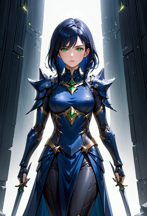 Girl with dark blue hair, green eyes,tall rectangular body figure, mature, warrior outfit