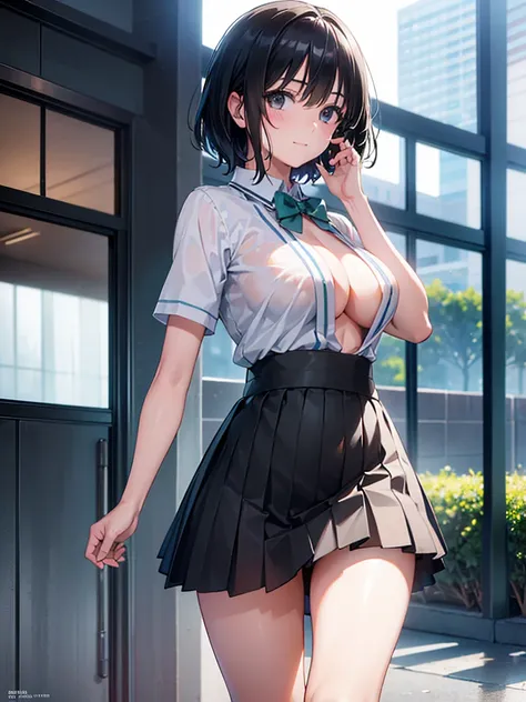 (Highest quality, masterpiece, Ultra-high resolution, (Photorealistic:1.4), RAW Photos),One girl,chool uniform,(wet:1.1), short sleeve,skirt lift,show off hip,no panties,no bra,(Very short black hair, Amazingly cute face, Very beautiful big black eyes)), V...