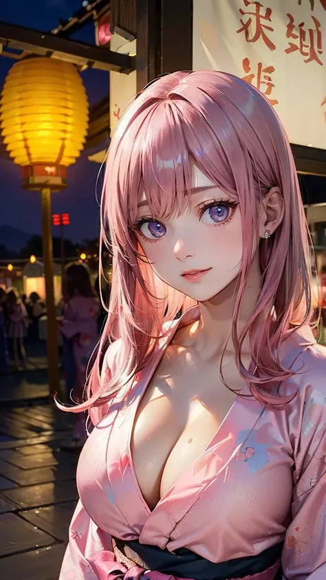 ((Highest quality, 8k, masterpiece :1.3)), (Sharp focus :1.2, Beautiful woman with perfect figure :1.4, Slim Abs), ((Big Breasts, Emphasize cleavage:1.2)), (Photorealistic:1.4), (realistic:1.4), (Pink Hair:1.5), Highly detailed face and skin texture, Fine ...