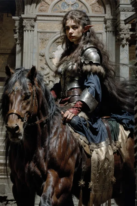 Masterpiece, Best quality, Ultra-detailed, illustration, epic lighting, Cinematic composition. fantasy, a elf paladin girl riding large long mane lion. oil painting