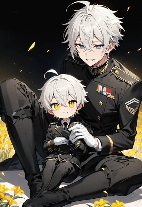 Young white-haired masculine boy, messy and medium long with ahoge, his hair is between his eyes, the eyes are yellow iris, He is wearing a black military suit with a white shirt inside and a black tie., on his hands there are white gloves, For his feet he...