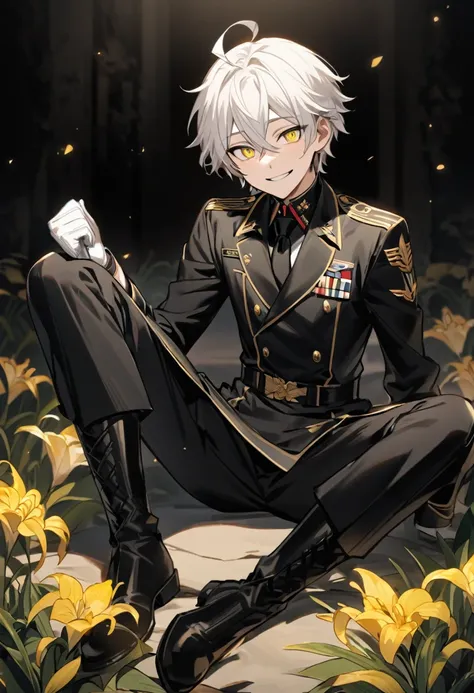 Young white-haired masculine boy, messy and medium long with ahoge, his hair is between his eyes, the eyes are yellow iris, He is wearing a black military suit with a white shirt inside and a black tie., on his hands there are white gloves, For his feet he...