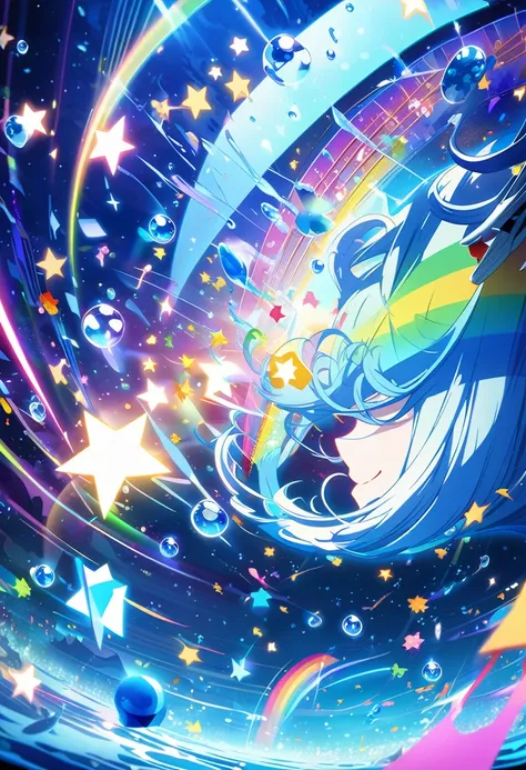 Anime style, ultra-detailed, 8K CG, blue-haired girl, smile, blue world, mysterious blue objects floating, star, musical note, rainbow