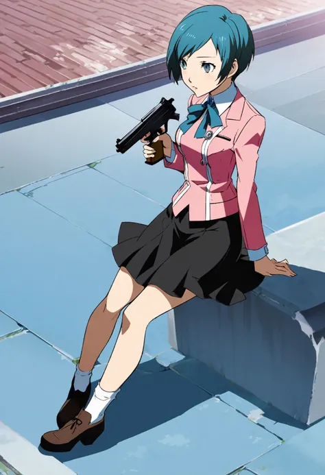 a woman in a pink jacket and black skirt holding a gun ,yukari takeba from persona 3, beautiful anime high school gir anime full body illustration, 