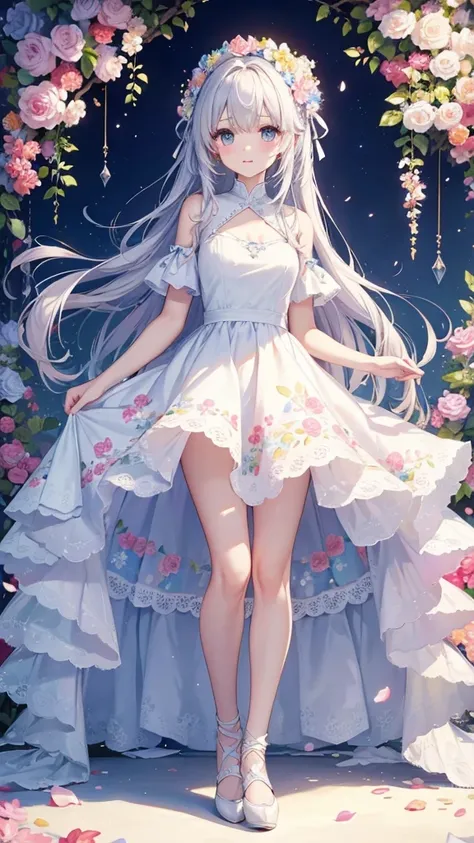 White Dress。The dress is decorated with colorful flowers.。The dress is elegant and、There are delicate details、The floral decoration is in vibrant colors、Located on the skirt part。