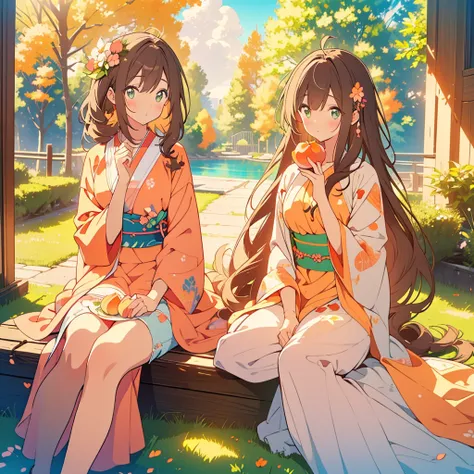 kawaii, anime, Cute, hyper quality, highly detailed, 8k, Clarity, dark brown long hair, green eyes, Eating a peach with my golden-eyed sister, huddle together, peek out ones face, soft air, whole body, Draw facial expressions in detail, Fantastic, Utopia, ...