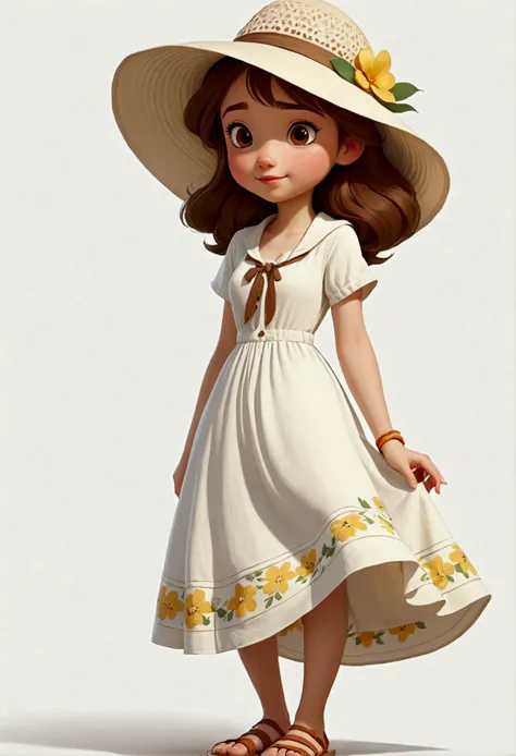 solo，1 Girl，18 years old，Wear casual clothing，White skin，Sun hat，Standing，dress，sandals，feature, Disney style, Multiple poses and expressions, White background, Beautiful and delicate face，sideways，sit on the chair，Look at the camera