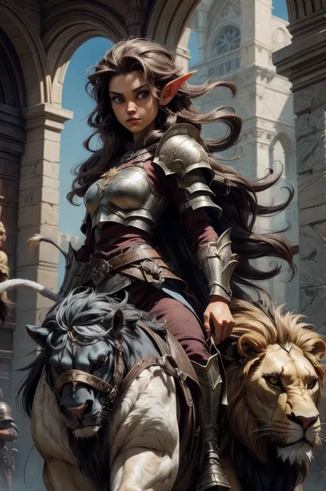 Masterpiece, Best quality, Ultra-detailed, illustration, epic lighting, Cinematic composition. fantasy, a elf paladin girl riding large long mane lion. oil painting