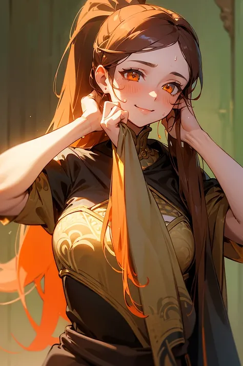 (masterpiece, best quality), intricate details, 1girl, nemona , long hair, orange eyes, ponytail adjusting hair, smiling, sweating,
