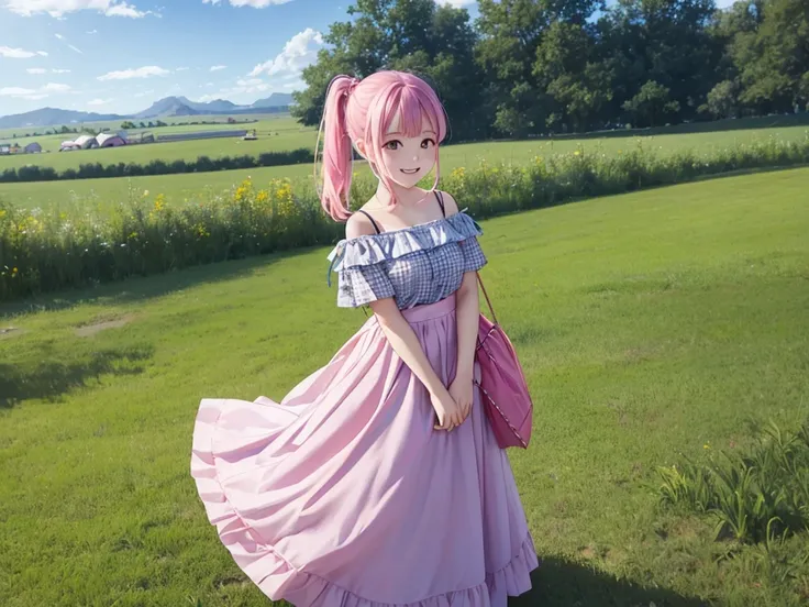 Full Body Shot、Oil、masterpiece、Highest quality、High resolution、Pink Hair、Side ponytail hair、Chiffon skirt、Long skirt、camp、grassland、tent、blue sky、Off-the-shoulder shirt、Checkered clothing、university student、smile