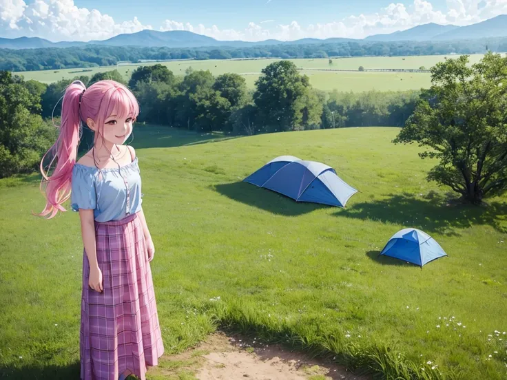 Full Body Shot、Oil、masterpiece、Highest quality、High resolution、Pink Hair、Side ponytail hair、Chiffon skirt、Long skirt、camp、grassland、tent、blue sky、Off-the-shoulder shirt、Checkered clothing、university student、smile