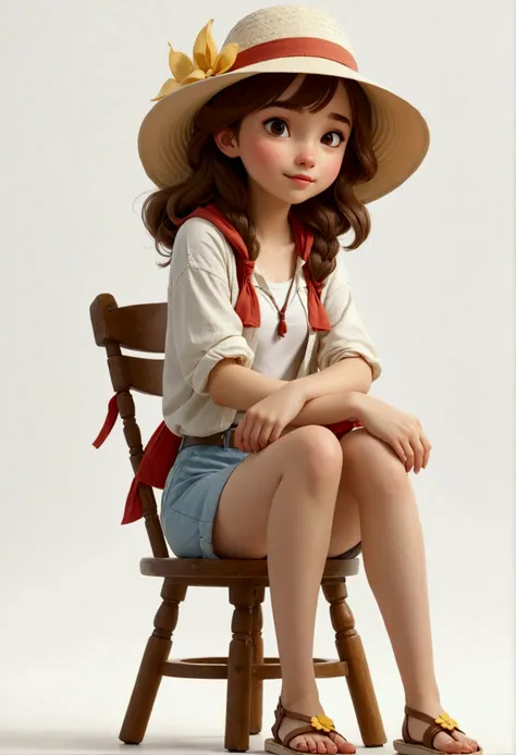 solo，1 Girl，18 years old，穿Casual Clothing，White skin，Sun hat，Standing，Casual Clothing，sandals，feature, Disney style, Multiple poses and expressions, White background, Beautiful and delicate face，sideways，Sitting，sit on the chair，Look at the camera