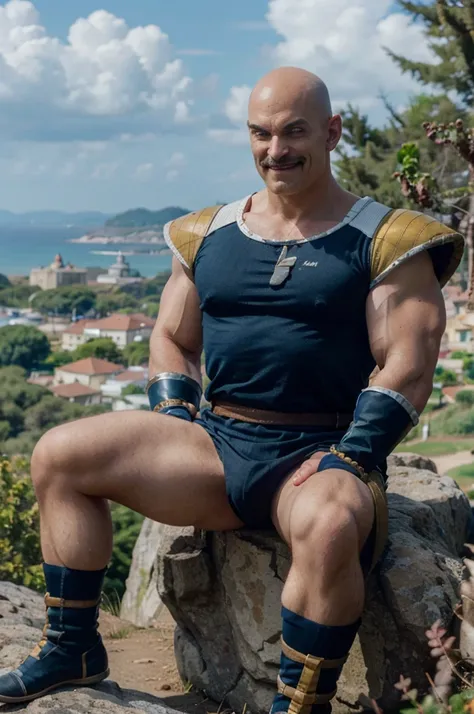 napa, bald, black eyes, mustache, muscular, dark blue saiyan armor, dark blue vambraces, dark blue boots, faulds, black briefs, tail around waist, looking at viewer, evil grin, serious, sitting, on a large rock, on a mountain, distant city, ocean, extreme ...