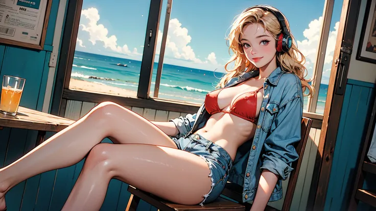 masterpiece、high resolution 8k、NSFW、sharp focus、contrast lighting、A cozy beach bar with a menu board, 1 girl, sitting on wooden stools,a red bikini top,blue denim jacket shorts,long blonde hair hair,smiling,headphone, a doorway leads to a sandy beach with ...