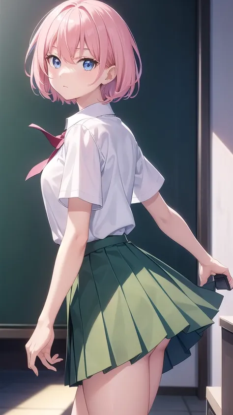 ichikanakano, Nakano Ichika, short hair, bangs, blue eyes, Hair between the eyes, Pink Hair,whole body,Low - Angle,front,looking at the camera, break skirt, shirt, , white shirt, Short sleeve, Pleated skirt, shoes, shoes下, collared shirt, Black footwear, s...