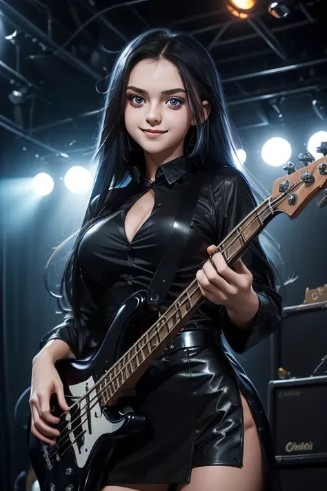 ((masterpiece, best quality)) 1girl, 17 years old, solo, black slit dress, big eyes, blue eyes, cute face, smile, electric bass, bassist, Big Breasts, holding, holding plectrum, instrument, Long Straight hair, gothik, rock music, one side up, playing bass,...