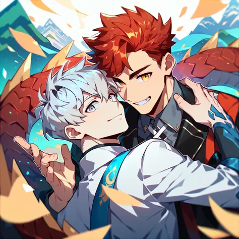 2 young men, focus man , Yaoi, pair,smile, (human, red hair, Amber eyes,Dragon Mountain,dragon tail ),  (human, silver blonde hair, Silver eyes) , Fantasy, The best aesthetics , best quality, Amazing quality, The best aesthetics
