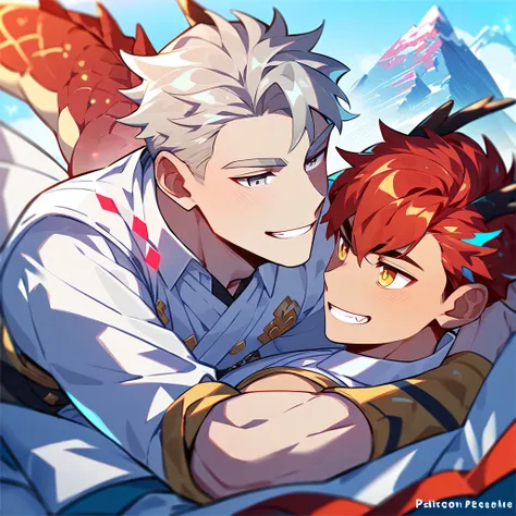 2 young men, focus man , Yaoi, pair,smile, (human, red hair, Amber eyes,Dragon Mountain,dragon tail ),  (human, silver blonde hair, Silver eyes) , Fantasy, The best aesthetics , best quality, Amazing quality, The best aesthetics
