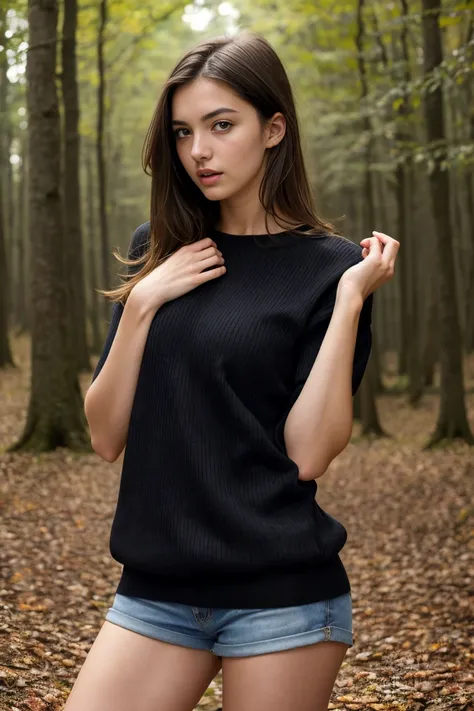 (bestquality,realistic:1.2),(brunette hair:1.1),(French:1.1),(sexy:1.1),(slim figure:1.1),(18 years old:1.1),(handcuffed:1.1),(black short sleeve sweater:1.1),(rolled-up sleeves:1.1),(hands up:1.1),(visible legs:1.1),(open mouth:1.1),illustration,forest,de...