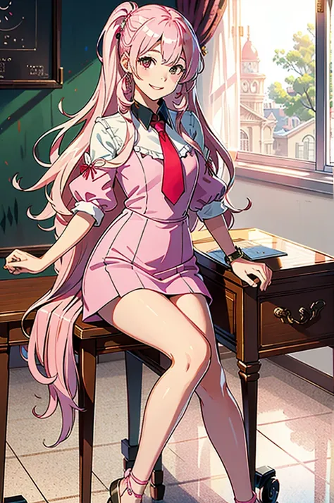 Ultra expensive Resolution, 16K, ((Tabletop)), ((Highest quality))), ((Very detailed)), With a girl, Long pink hair, expensive , smile, In the classroom