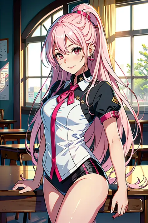 Ultra expensive Resolution, 16K, ((Tabletop)), ((Highest quality))), ((Very detailed)), With a girl, Long pink hair, expensive , smile, In the classroom