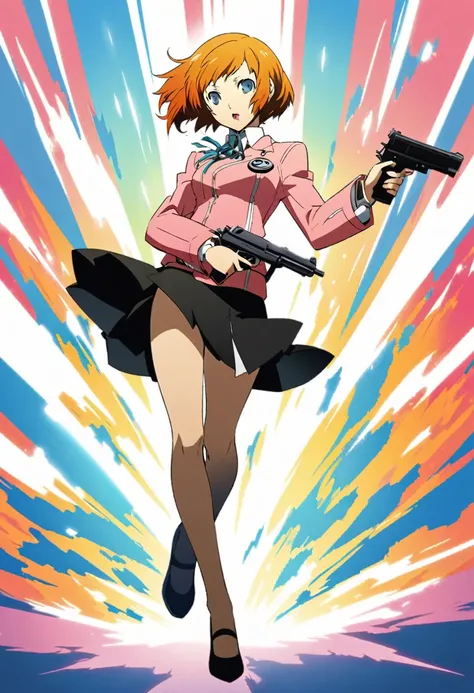 a woman in a pink jacket and black skirt holding a gun ,yukari takeba from persona 3, beautiful anime high school gir anime full body illustration, whith orange hair