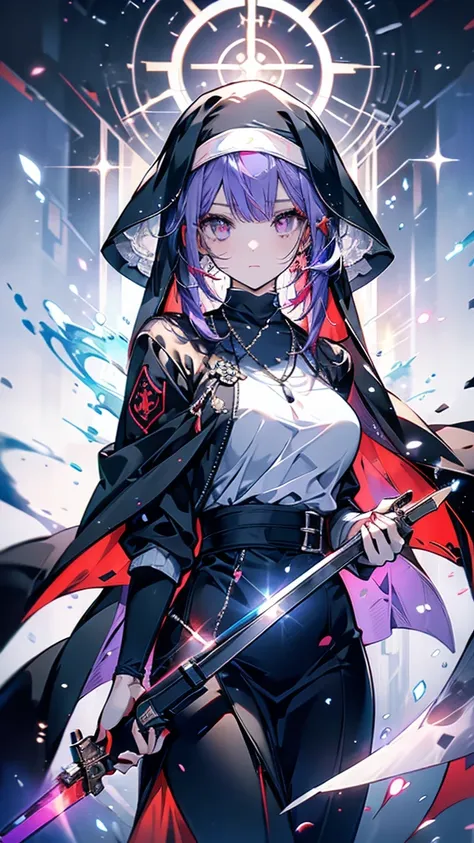 Girl，Red and blue gradient pupil，Yellow-purple gradient hair，Nun clothes，Armed with a revolver