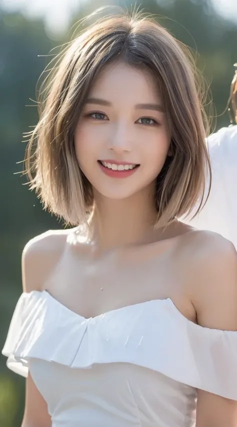 ((best quality, 8k, masterpiece:1.3)), Concentrate upon: 1.2, perfect body beauty: 1.4, hip: 1.2, ((layered haircuts, chest: 1.2)), (wet clothes: 1.1), (rain, distance:1.3), bandeau dress: 1.1, Highly detailed face and skin texture, good eyes, double eyeli...