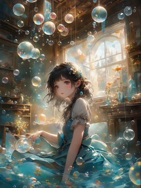 an anime girl in a blue dress、sitting in a room with bubbles floating around, anime fantasy illustration, fantasy art style, art...