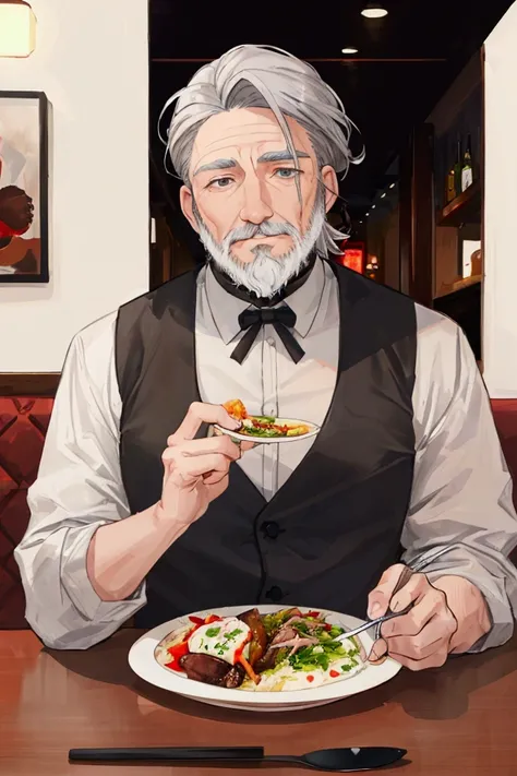 Grey-haired middle-aged man、Short grey beard、Center Parting、Eat food at a restaurant、having meal