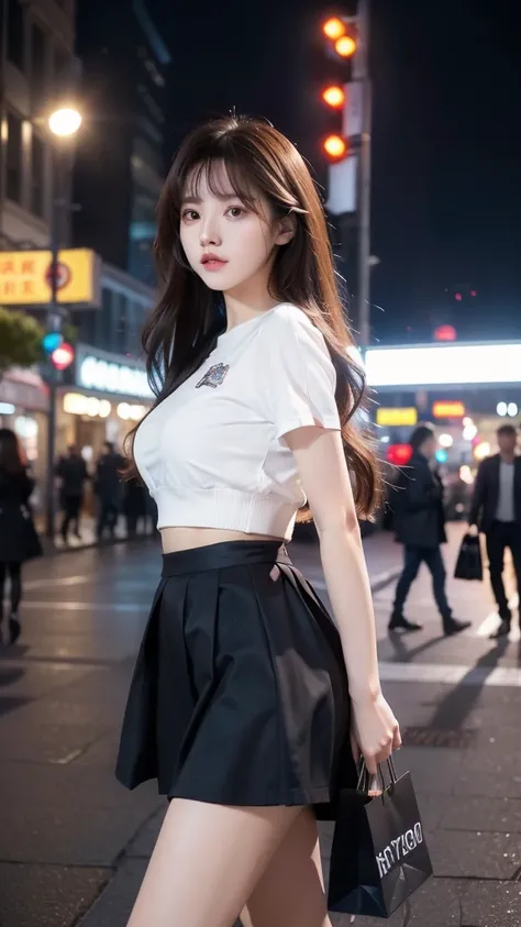 whole body, long_hair, very cool, City Girls, split, western movies, Skirts and tops, sexy woman, Shopping in the city, (masterpiece), best quality, high resolution, very detailed, blurred background, depth of field, movie lights,